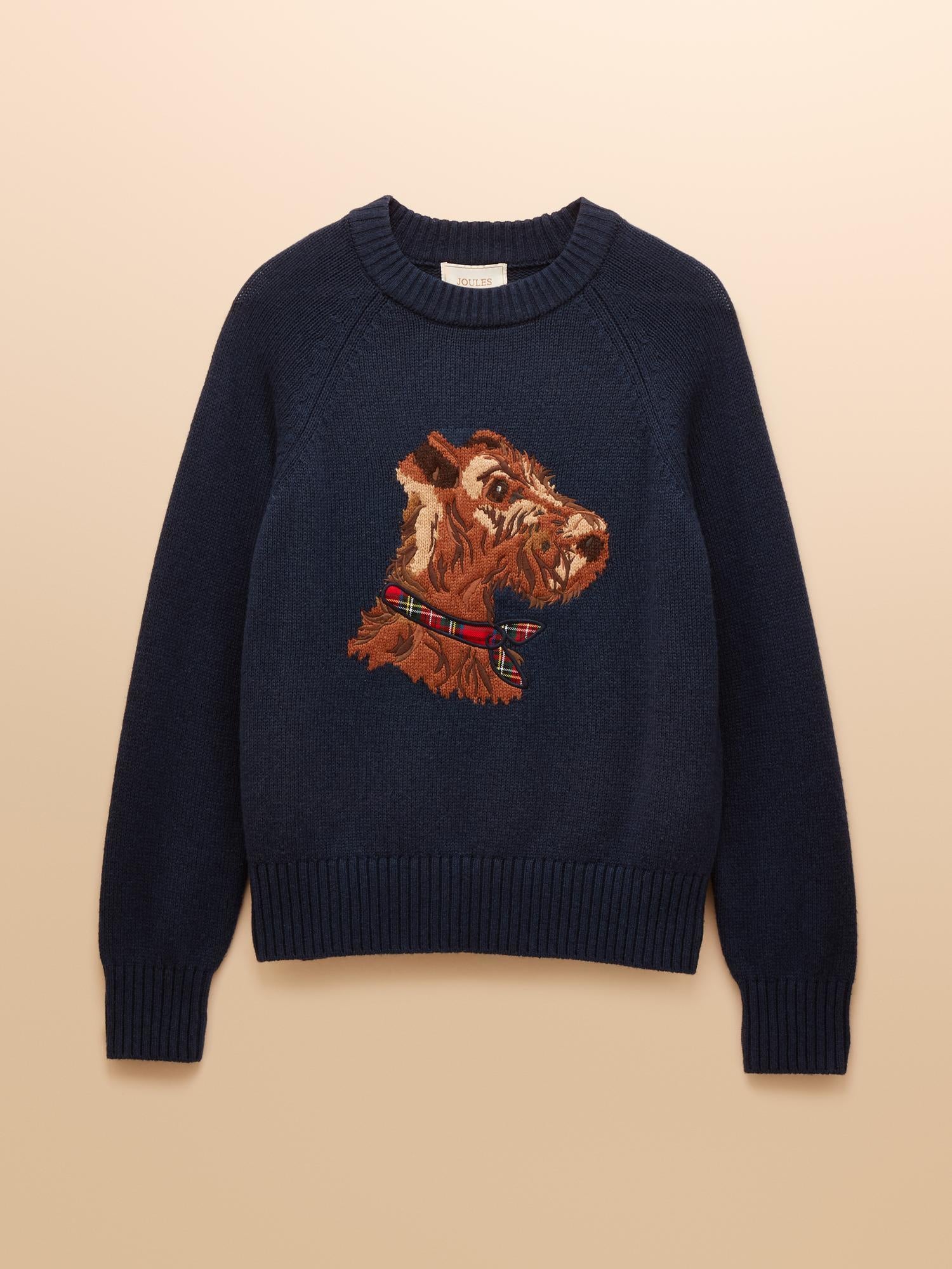 Joules Dog Jumper: Intarsia Monty Dog Cotton Blend Sweater, Crew Neck, Long Sleeves, Ribbed Trim, Equiflair