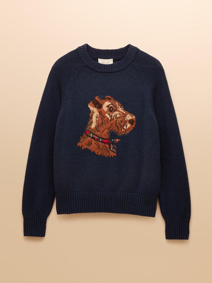 Joules Dog Jumper: Intarsia Monty Dog Cotton Blend Sweater, Crew Neck, Long Sleeves, Ribbed Trim, Equiflair