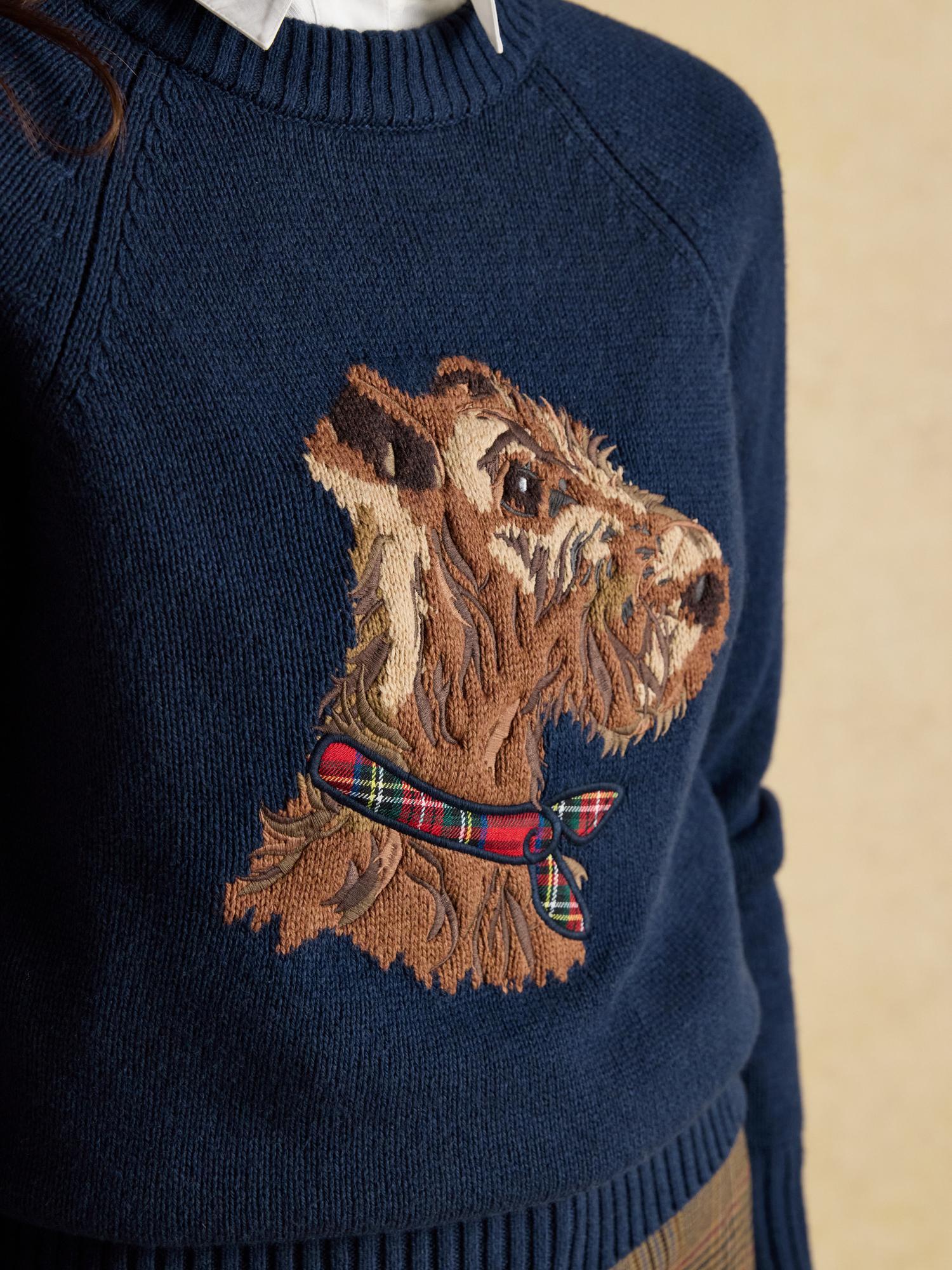 Navy Dog Sweater: Joules Intarsia Scottish Terrier Jumper with Tartan Scarf.