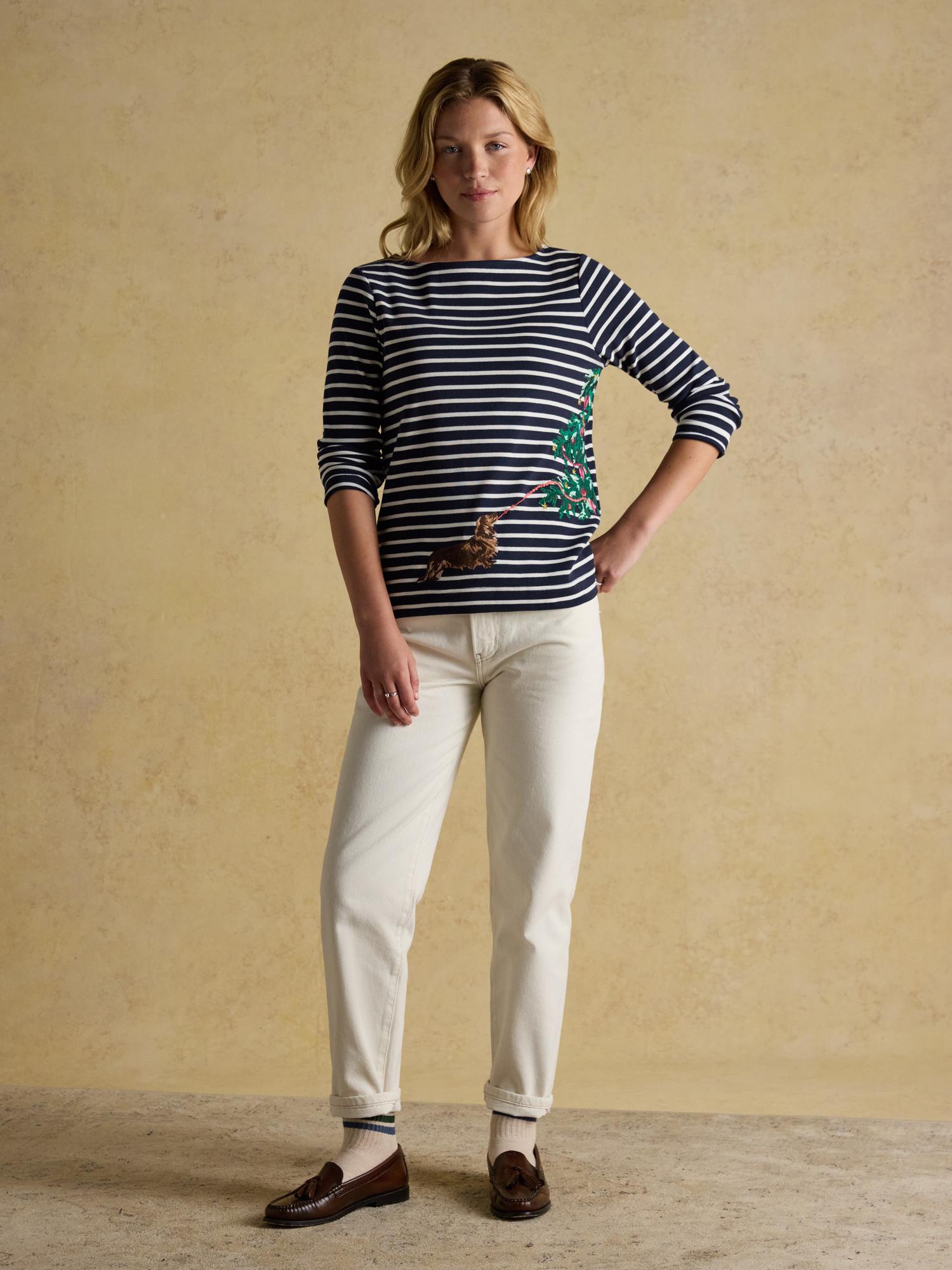 Joules Festive Harbour Dog Navy/Cream Boat Neck Breton Top