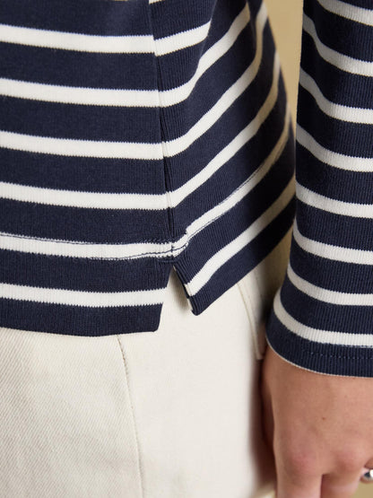 Joules Harbour Breton Top - Navy & Cream Stripes, Boat Neck. Close-up view of stylish striped shirt. Equiflair store.