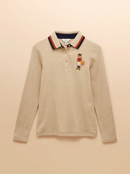 Joules Fairfield Long Sleeve Polo Shirt - Jonty Neutral with Fox Embroidery | Equiflair Saddlery