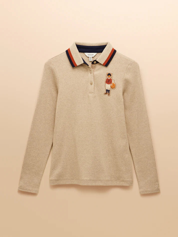 Joules Fairfield Long Sleeve Polo Shirt - Jonty Neutral with Fox Embroidery | Equiflair Saddlery