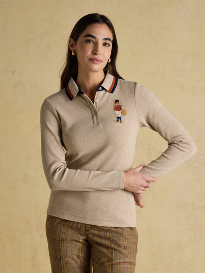 Joules Fairfield Jonty Neutral Polo Shirt - Woman wearing long sleeve top with embroidered design, from Equiflair Saddlery.