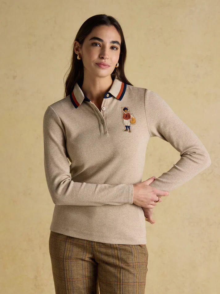 Joules Fairfield Jonty Neutral Polo Shirt - Woman wearing long sleeve top with embroidered design, from Equiflair Saddlery.