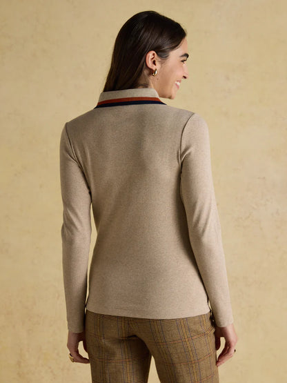 Joules Fairfield Jonty Neutral Polo Shirt. Ribbed Long Sleeve Top with Striped Trim. Versatile & Stylish!