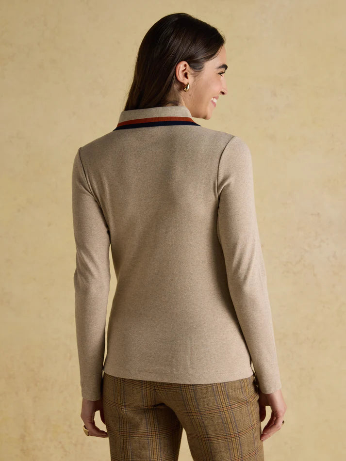 Joules Fairfield Jonty Neutral Polo Shirt. Ribbed Long Sleeve Top with Striped Trim. Versatile & Stylish!