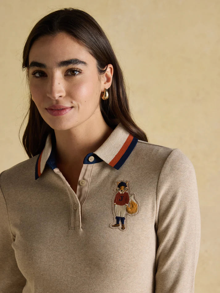 Joules Fairfield Polo Shirt: Women's Beige Long Sleeve Top with Fox Embroidery, Equiflair Saddlery