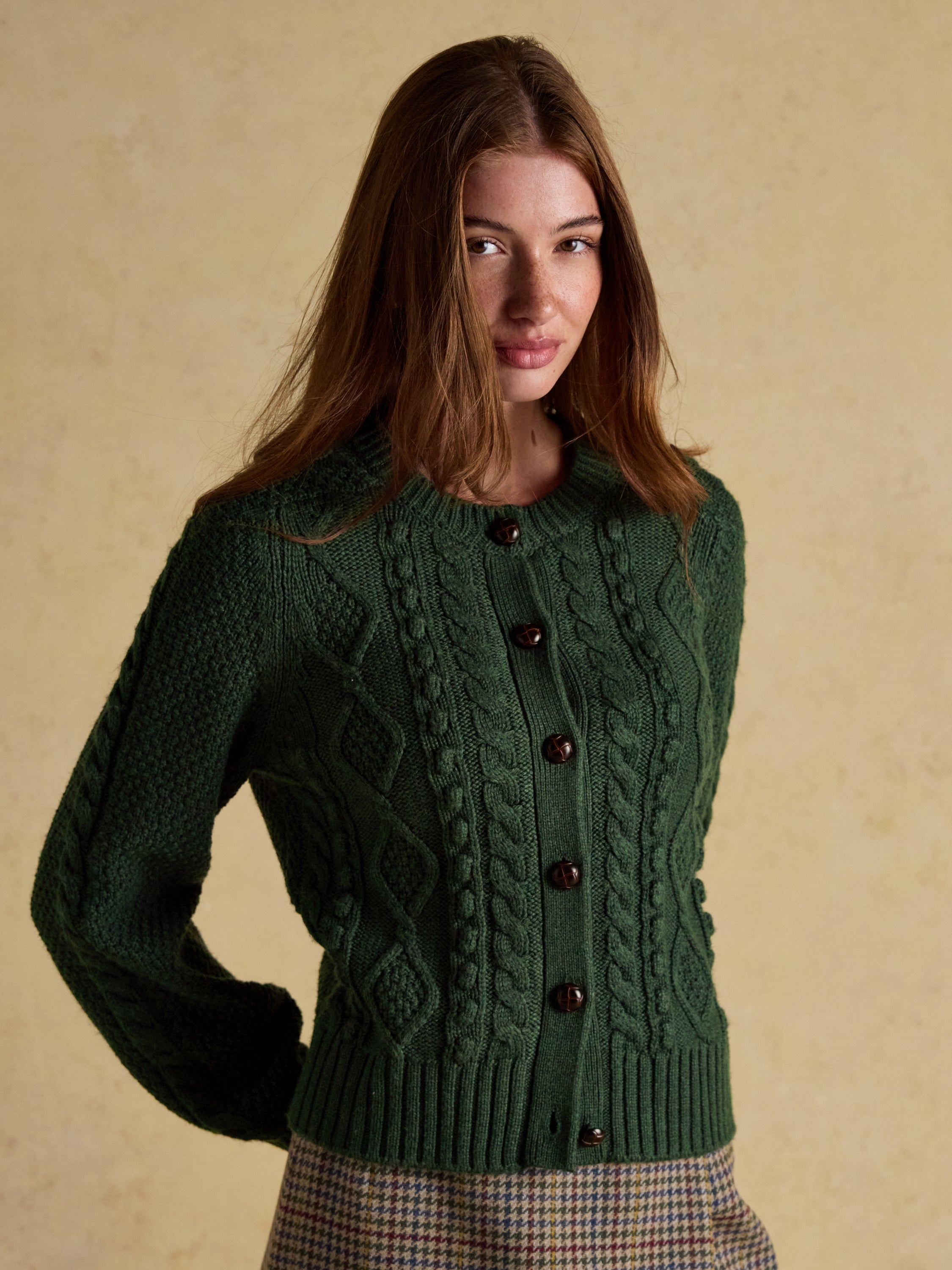 Equiflair Rafferty Green Cable Knit Cardigan - Women's Wool Blend Sweater with Horn Buttons