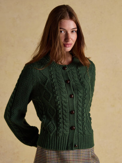 Equiflair Rafferty Green Cable Knit Cardigan - Women's Wool Blend Sweater with Horn Buttons