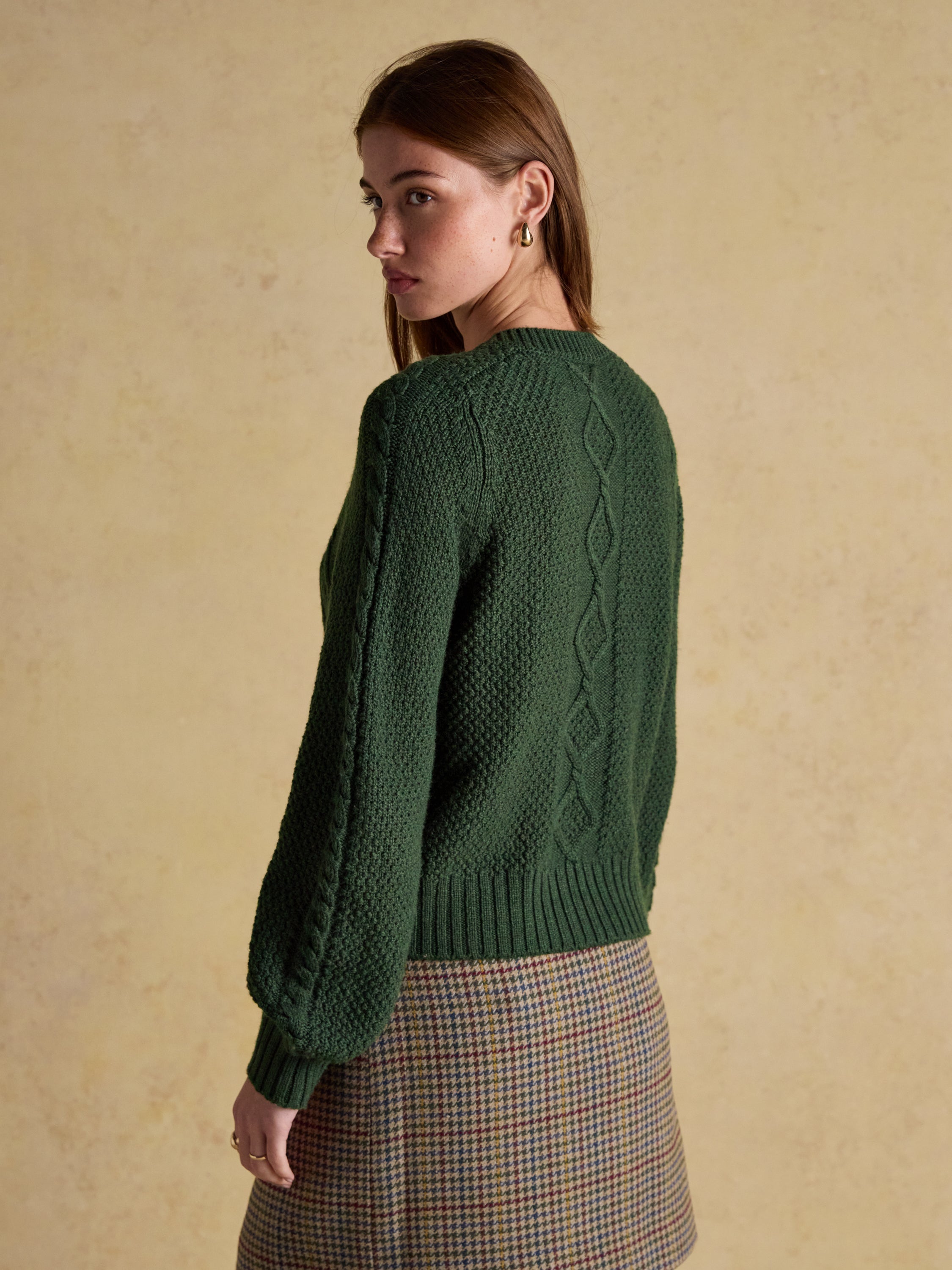 Equiflair Rafferty Green Cable Knit Cardigan: Wool Blend, Round Neck, Volume Sleeves, Button Fastening