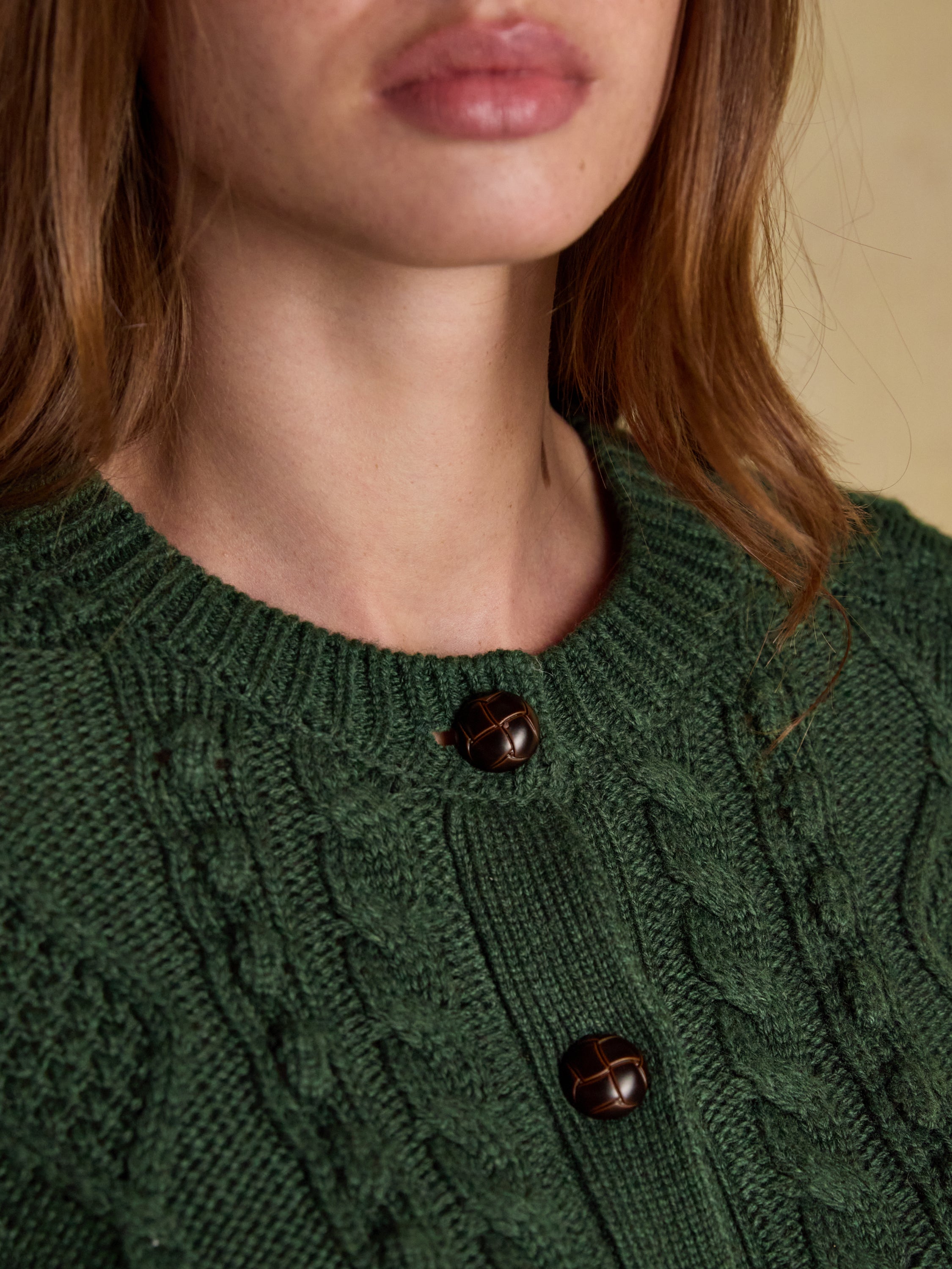 Rafferty Green Cable Knit Cardigan: Wool Blend, Faux Horn Buttons, Women's Fashion by Equiflair Saddlery