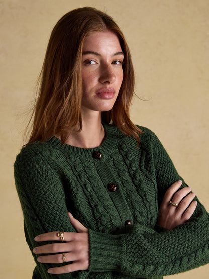 RAFFERTY Green Cable Knit Cardigan | Woman's Wool Blend Sweater w/ Horn Buttons | Equiflair Saddlery