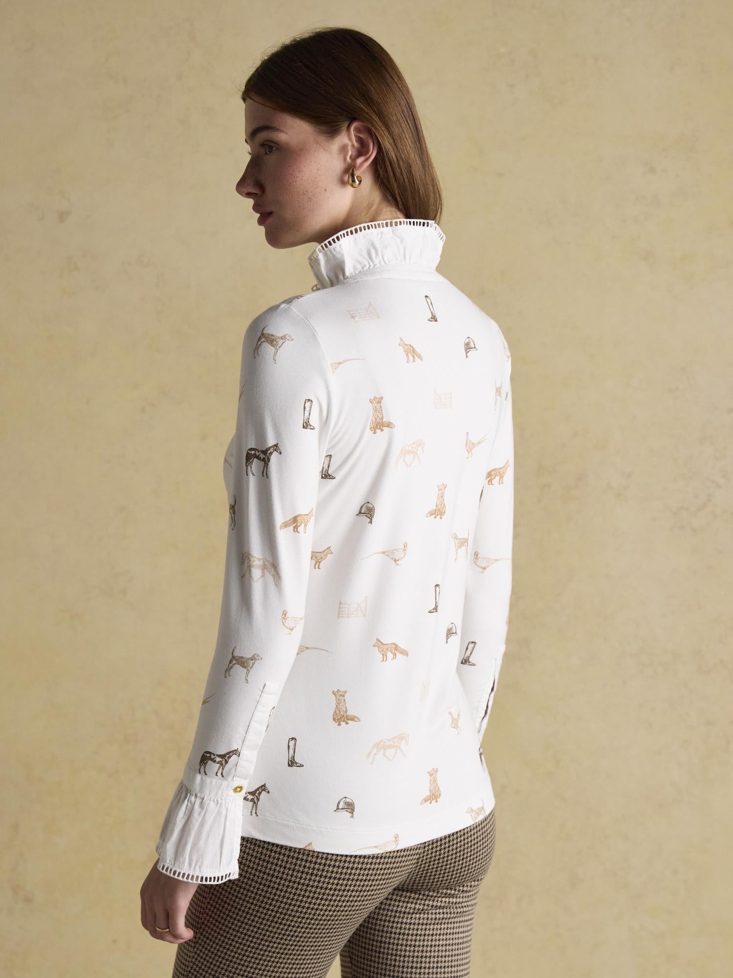 JOULES KATE Cream Printed Top: Frilled Neck, Long Sleeve Shirt with Fox, Horse, Dog Print | Equiflair
