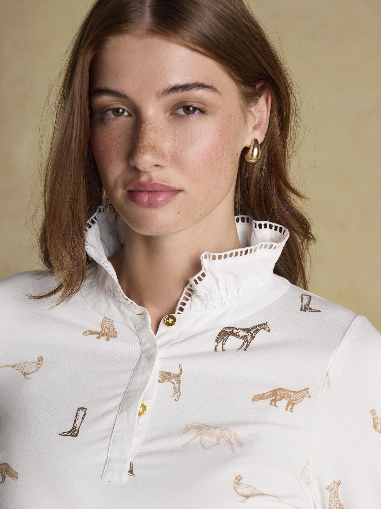 JOULES KATE Cream Printed Long Sleeve Frilled Neck Top: Horse, Fox, Boots & Pheasant. Stylish Ladies Top from Equiflair Online.