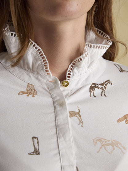 JOULES KATE Cream Printed Long Sleeve Frilled Neck Top - Equestrian Print Shirt for Women | Equiflair