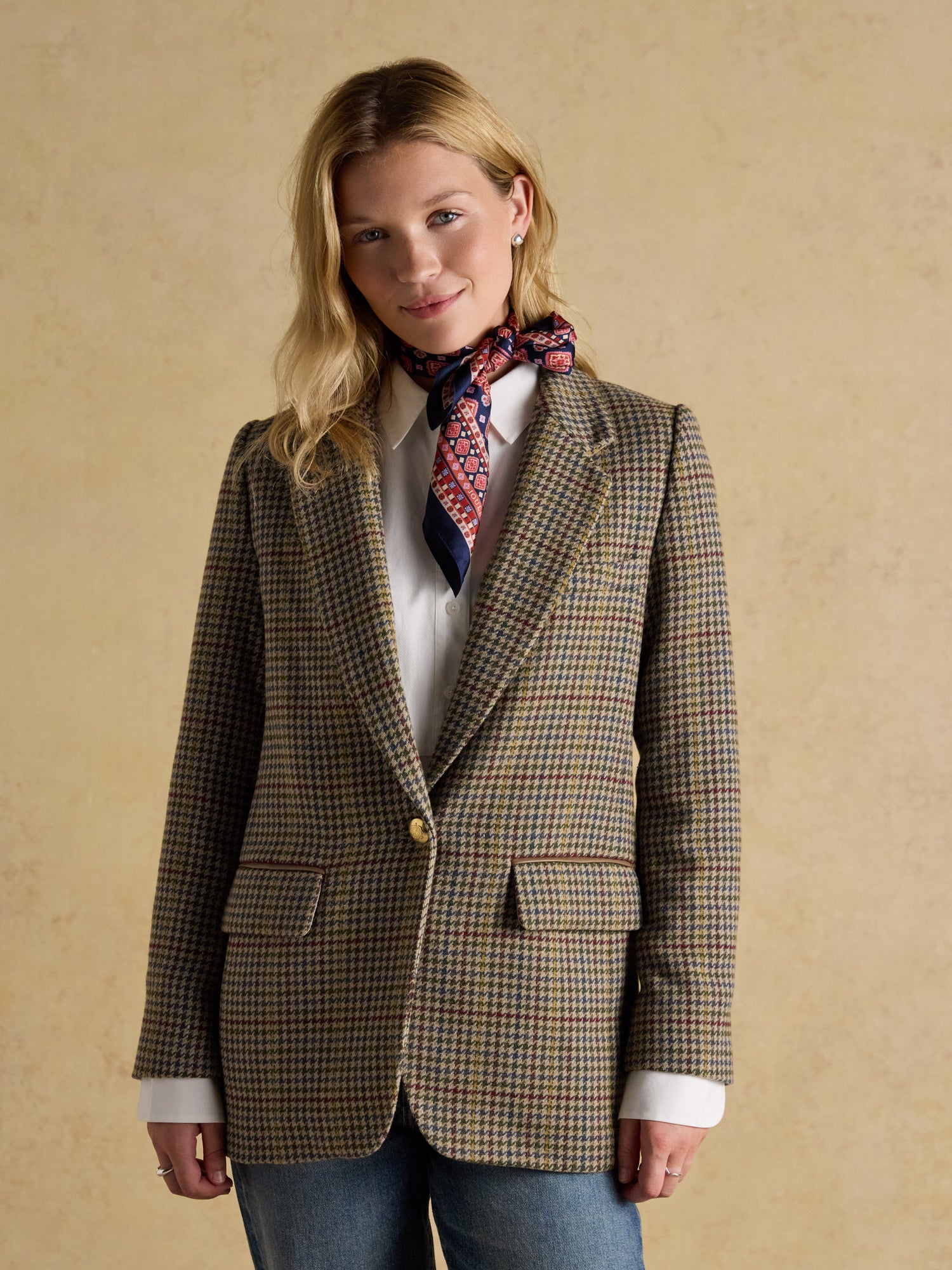 Joules Hackmore Grey Check Relaxed Fit Tweed Wool Blend Blazer