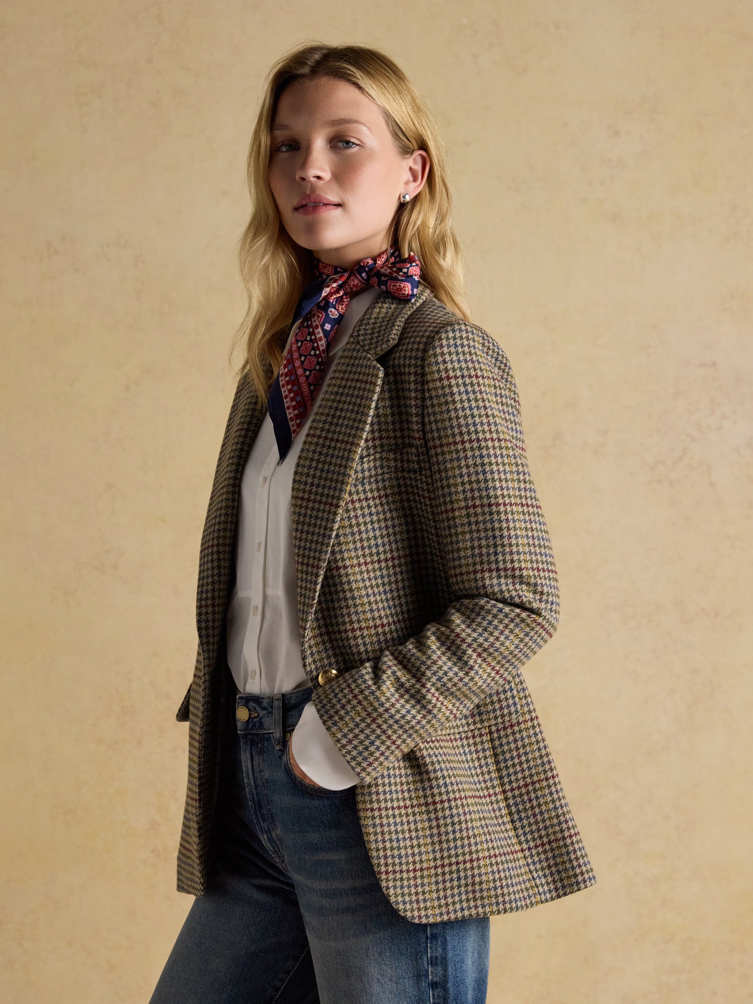 Joules Hackmore Grey Check Relaxed Fit Tweed Wool Blend Blazer