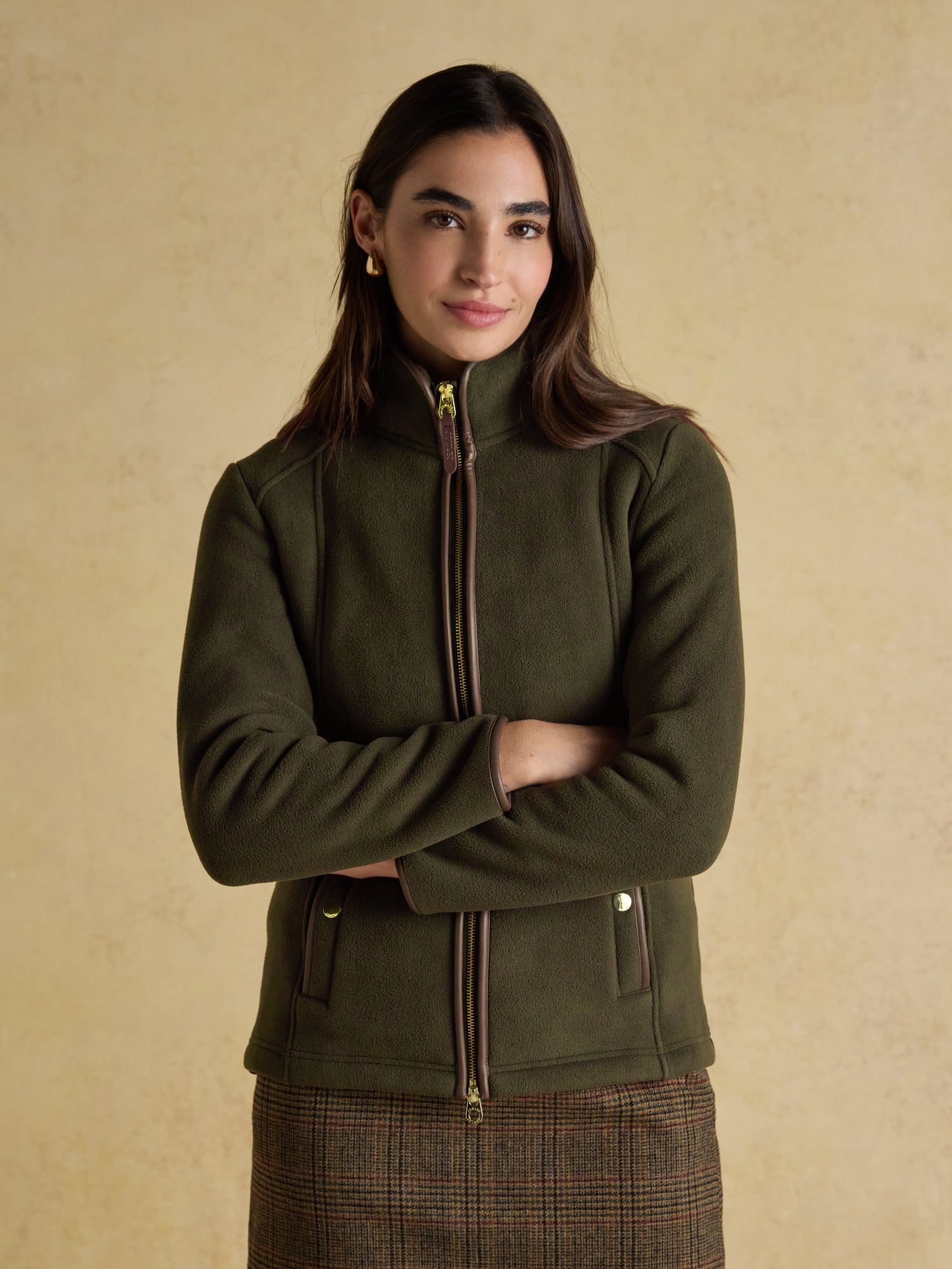 Equiflair JOULES Heritage Green Fleece Jacket: Women's zip-up fleece with leather trim and stand collar for outdoor wear.