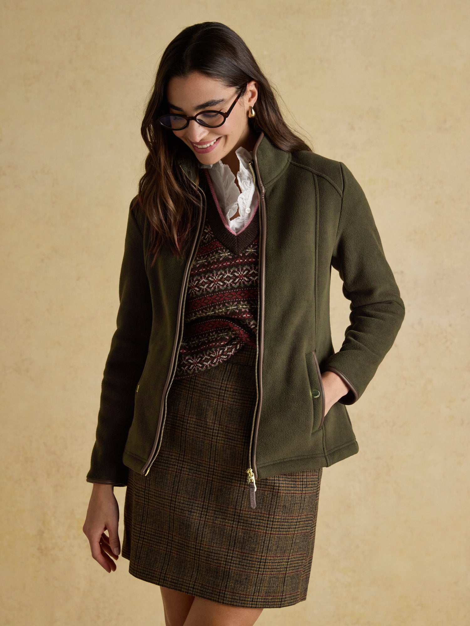 Joules Heritage Green Fleece Jacket: Zip-Up, Faux Leather Trim, Stylish Outdoor Wear for Women - Shop Equiflair