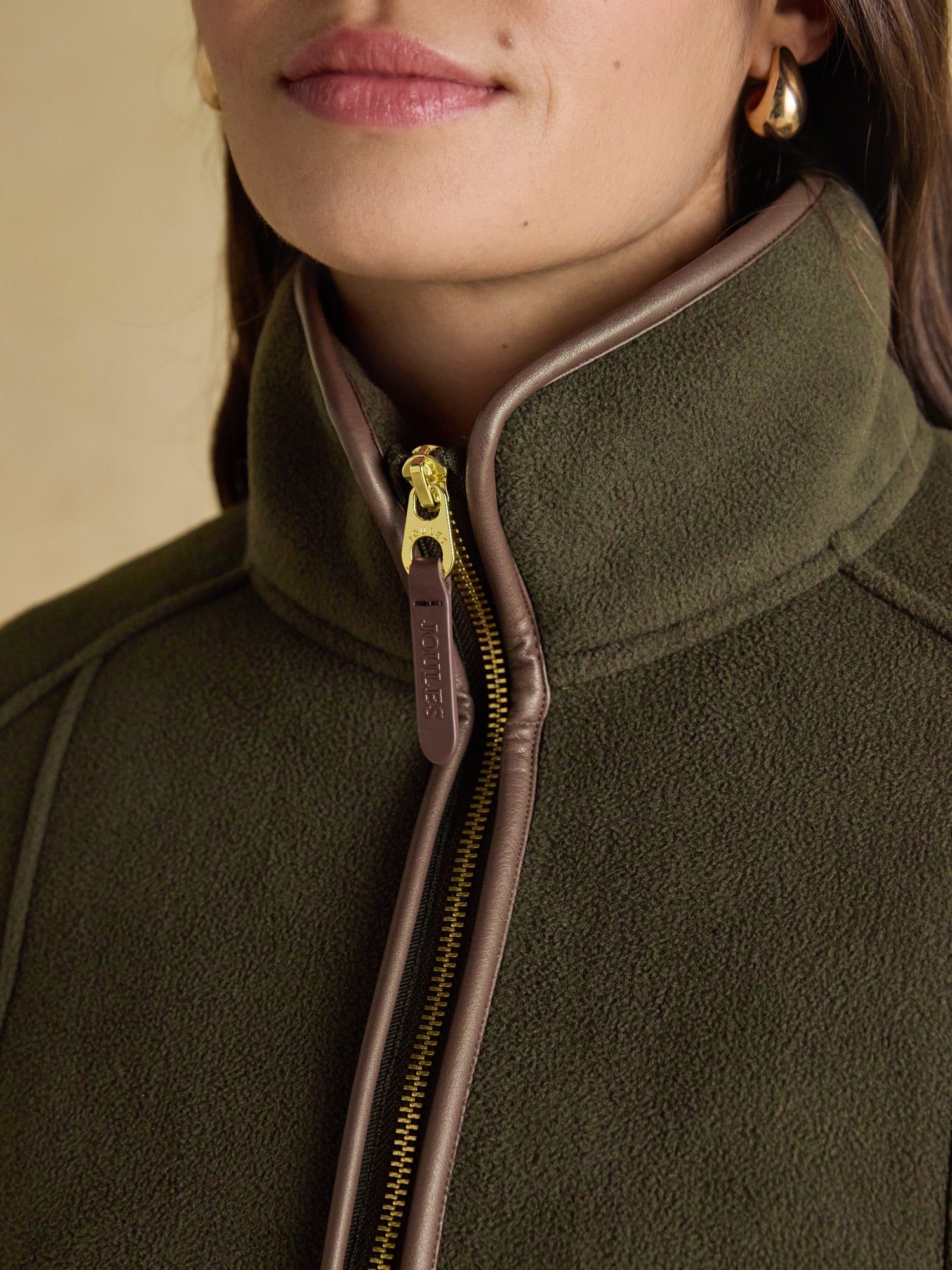 Joules Heritage Green Fleece Jacket - Zip-Up Fleece with Faux Leather Trim