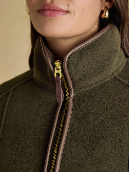 Joules Heritage Green Fleece Jacket - Zip-Up Fleece with Faux Leather Trim