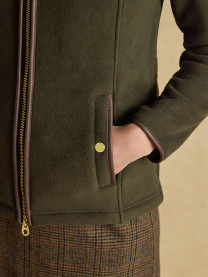 Joules Heritage Green Fleece Jacket: Stylish zip-up for outdoor & countryside. Faux leather trims, warm collar, & convenient pockets.