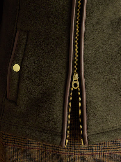 JOULES Heritage Green Fleece Jacket: Zip-Through, Outdoor Style with Leather Trim Details and Brass Hardware