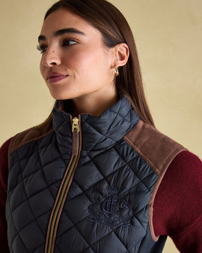 JOULES Braemar Luxe Navy Quilted Gilet - Women's Showerproof Vest with Diamond Stitch & Suedette Shoulder Detail