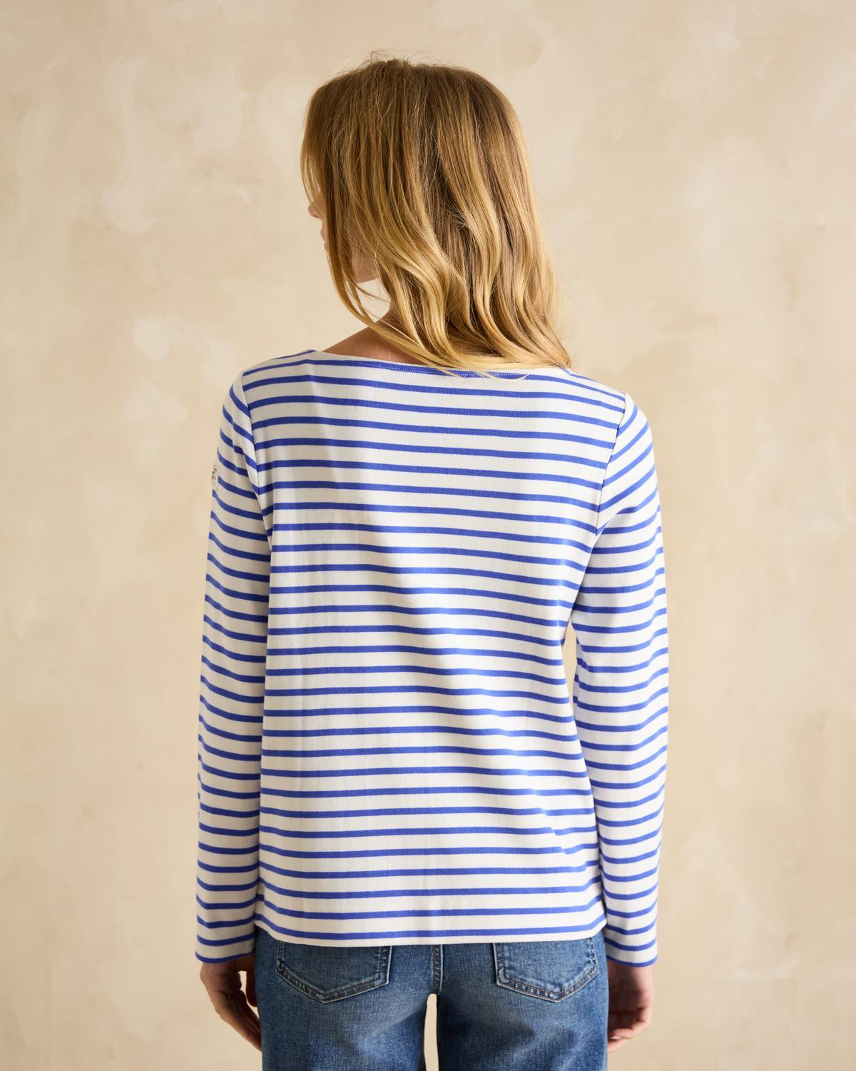 JOULES Harbour Top: Blue/White Striped Long-Sleeve Boat Neck Shirt. Women's Fashion from Equiflair.