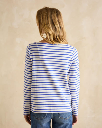 JOULES Harbour Top: Blue/White Striped Long-Sleeve Boat Neck Shirt. Women's Fashion from Equiflair.