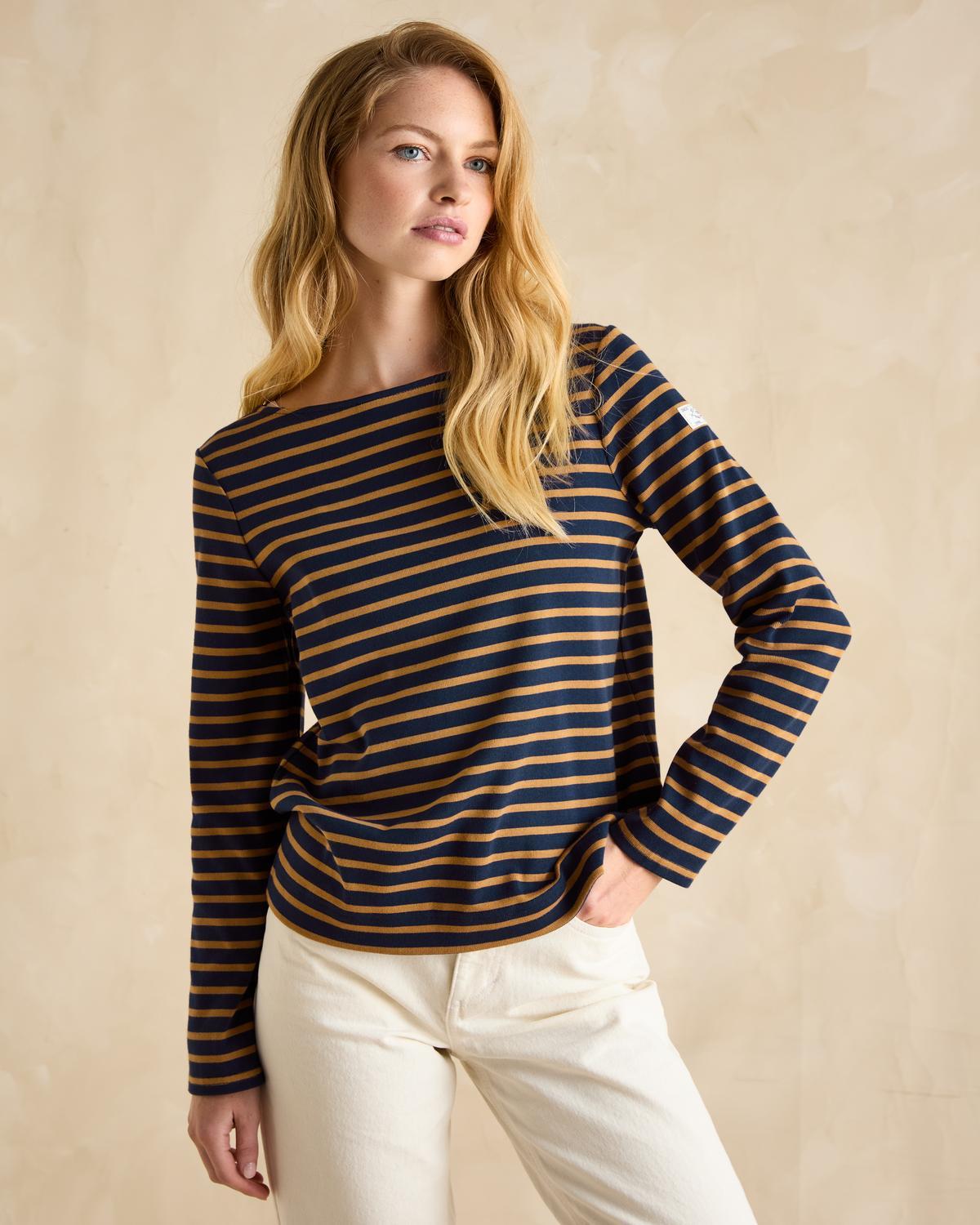JOULES Harbour Top Navy/Tan Striped Shirt - Women's Fashion - Equiflair