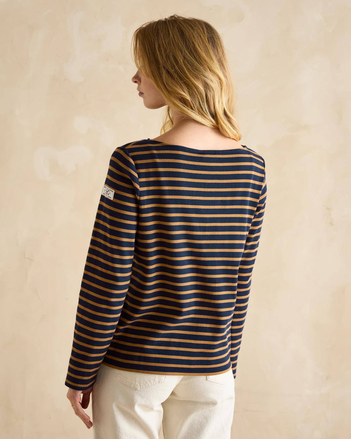 Joules Breton Striped Top Navy/Tan, Long Sleeve Cotton Shirt, Boat Neck, Equiflair Fashion