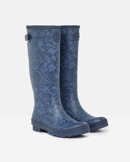 Joules Printed Navy Adjustable Tall Wellies: Women's Waterproof Rain Boots with Floral Design