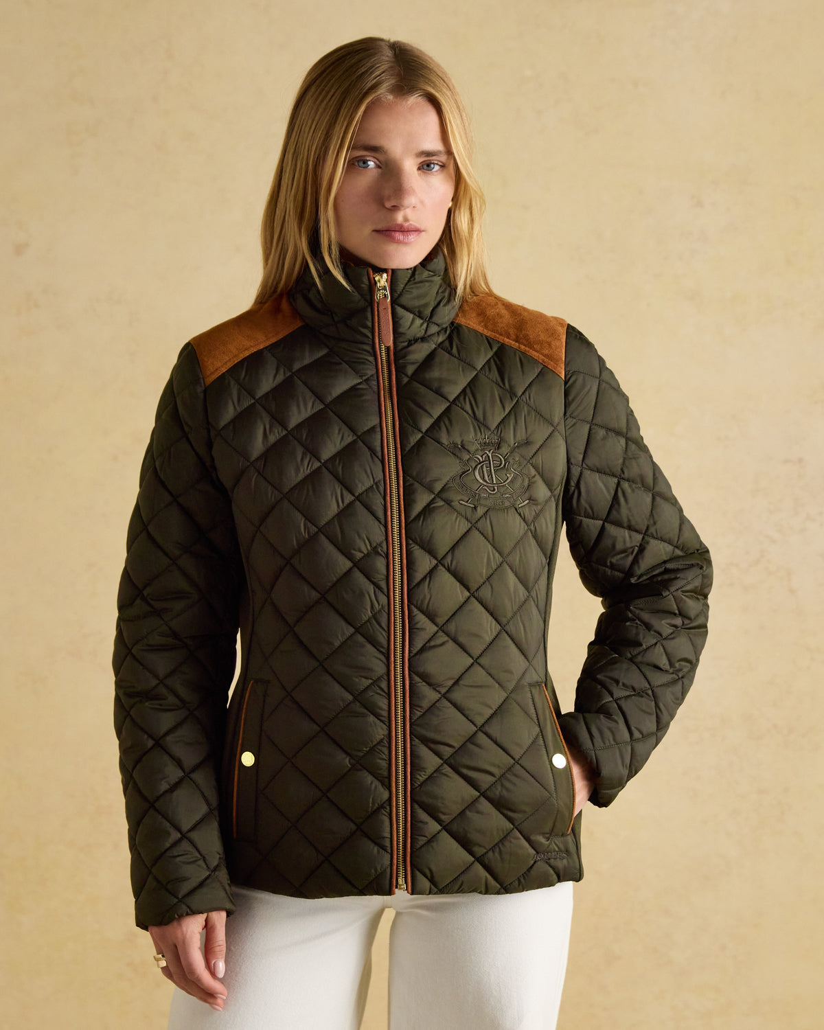 Joules Braemar Luxe Khaki Green Showerproof Diamond Quilted Coat