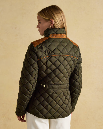 JOULES BRAEMAR Luxe Quilted Coat: Khaki Green, Showerproof. Equiflair Recycled Polyester, Suedette Details