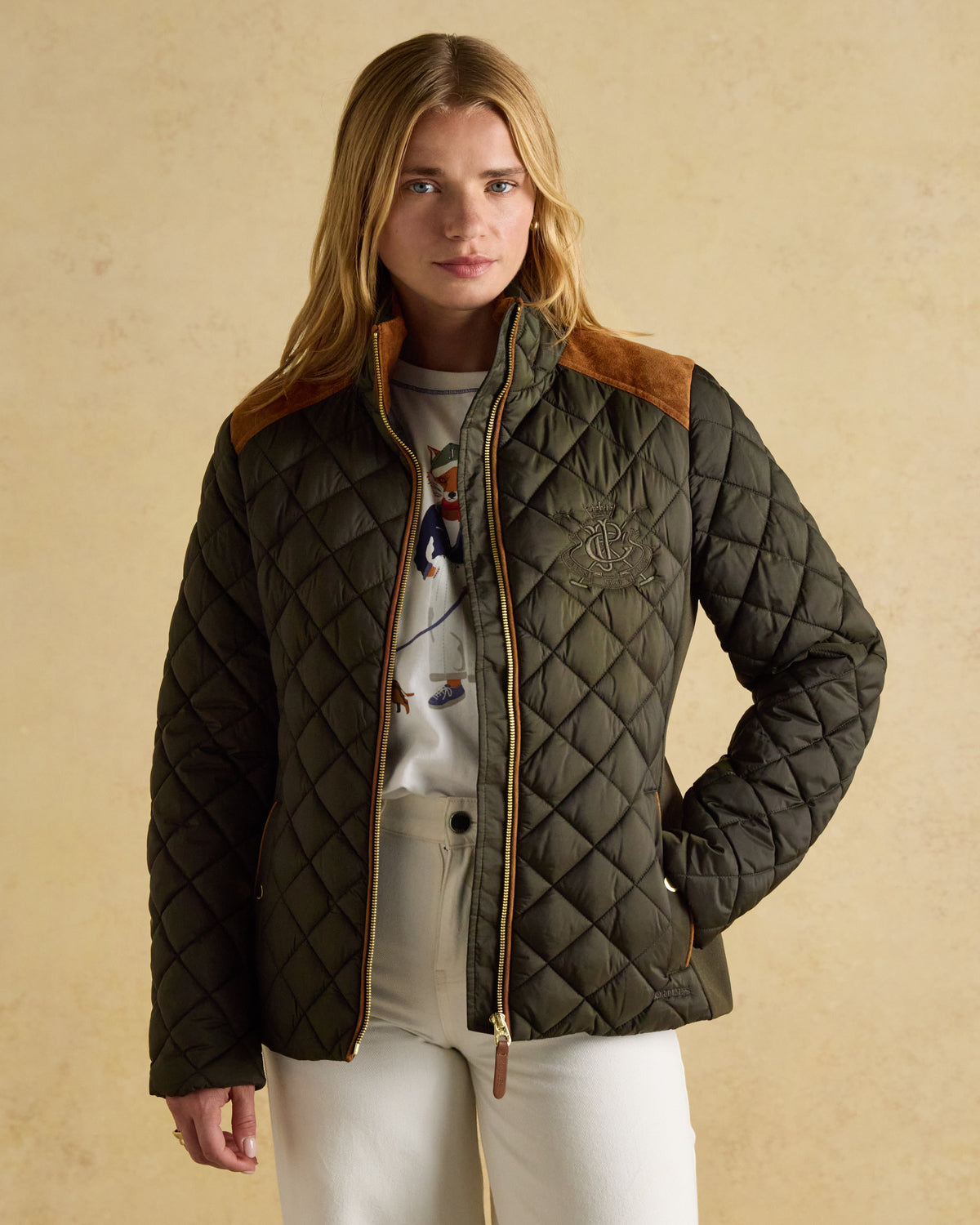 Joules Braemar Luxe Khaki Green Showerproof Diamond Quilted Coat