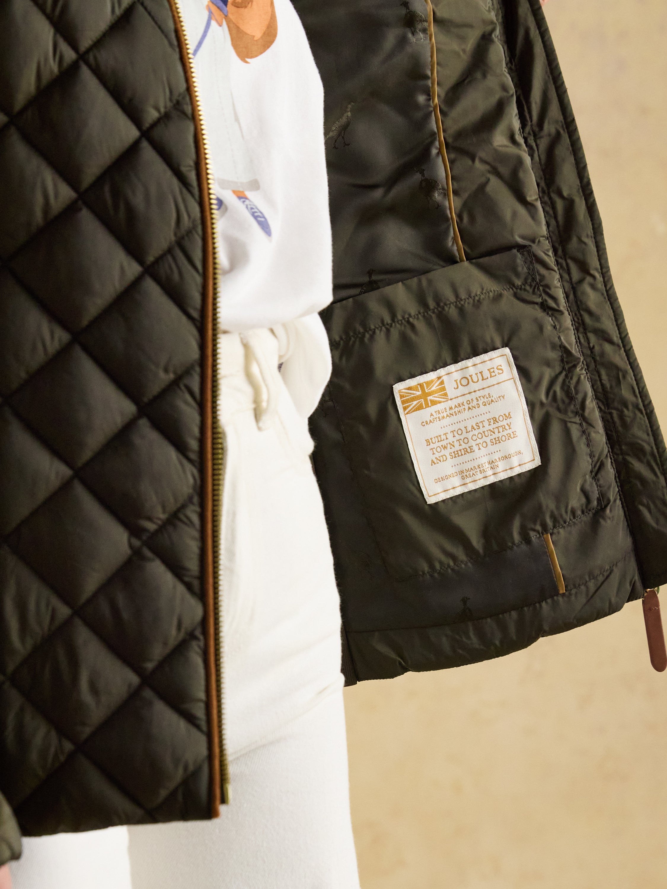 Joules Braemar Luxe Khaki Green Showerproof Diamond Quilted Coat