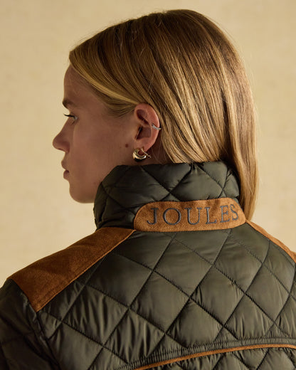 JOULES Braemar Luxe Khaki Green Quilted Coat - Showerproof Diamond Design with Suede Details