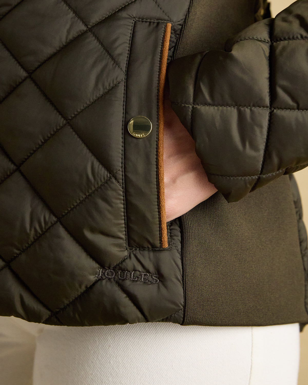 JOULES Braemar Luxe Khaki Green Quilted Coat: Showerproof, Diamond Quilted, Funnel Neck - Country Style Fashion.