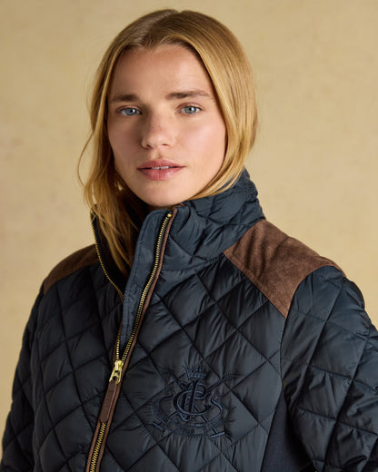 Joules Braemar Luxe Navy Quilted Coat - Women's Showerproof Diamond Jacket with Suede Shoulder Detail