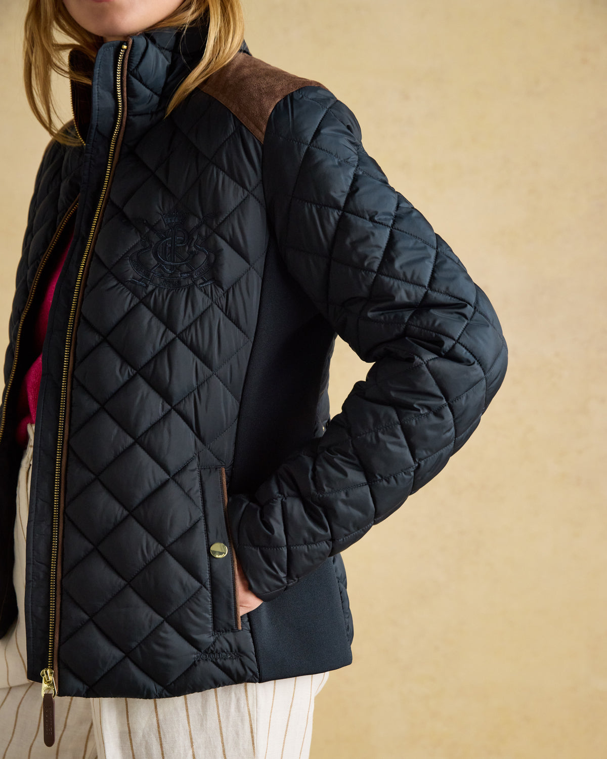 JOULES Braemar Quilted Coat: Navy Showerproof Jacket for Women | Diamond Pattern Outerwear