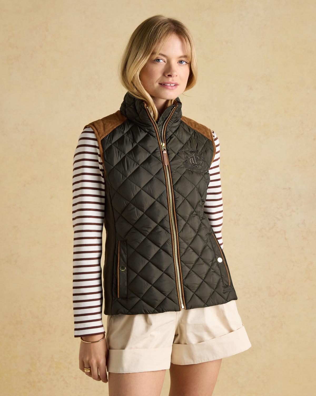 Joules Braemar Luxe Khaki Green Showerproof Diamond Quilted Gilet