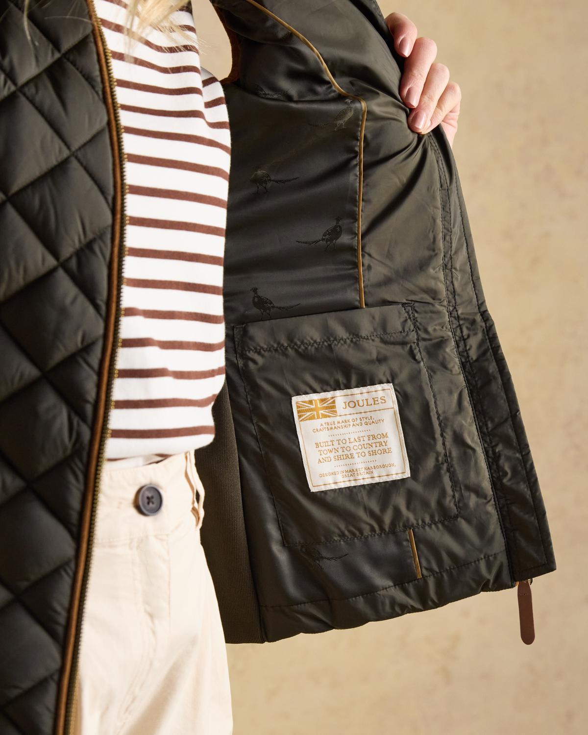 Joules Braemar Luxe Khaki Green Showerproof Diamond Quilted Gilet
