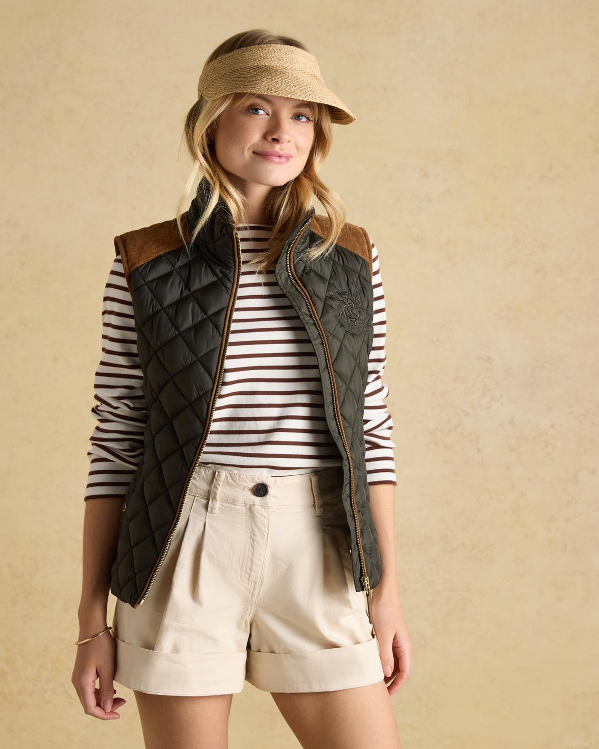 Joules Quilted Gilet: Green Showerproof Vest for Women. Stylish Outdoor Fashion by Equiflair.
