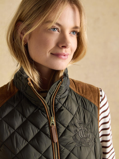Joules Braemar Luxe Khaki Green Showerproof Diamond Quilted Gilet - Women's Country Style Vest with Suedette Details