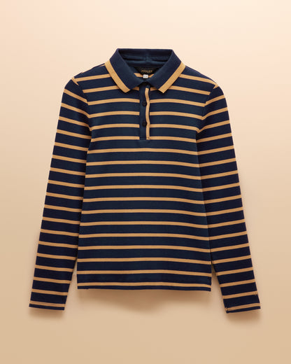 JOULES FAIRFIELD NAVY BLUE & BROWN RIBBED LONG SLEEVE STRIPED POLO SHIRT