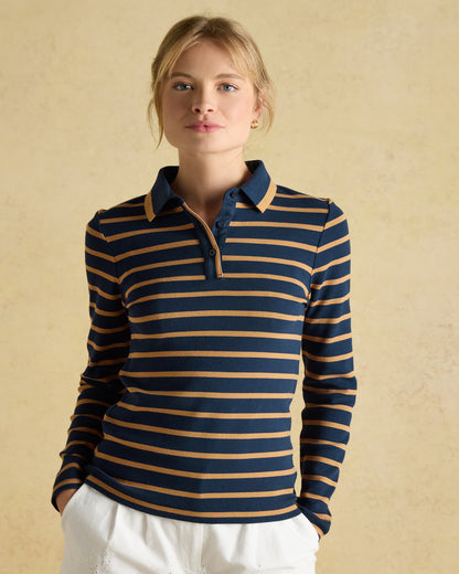 Joules Fairfield Navy Blue & Brown Striped Polo Shirt | Ribbed Long Sleeve Top