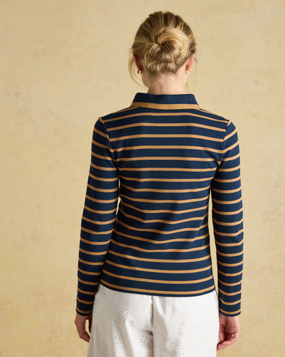 Joules Fairfield Navy & Brown Striped Polo Shirt: Ribbed Long Sleeve Cotton Top for Women - Equiflair