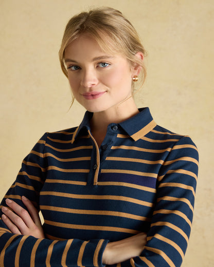 Joules Fairfield Navy & Brown Striped Ribbed Long Sleeve Polo Shirt. Women's Casual Fashion. Equiflair Store.